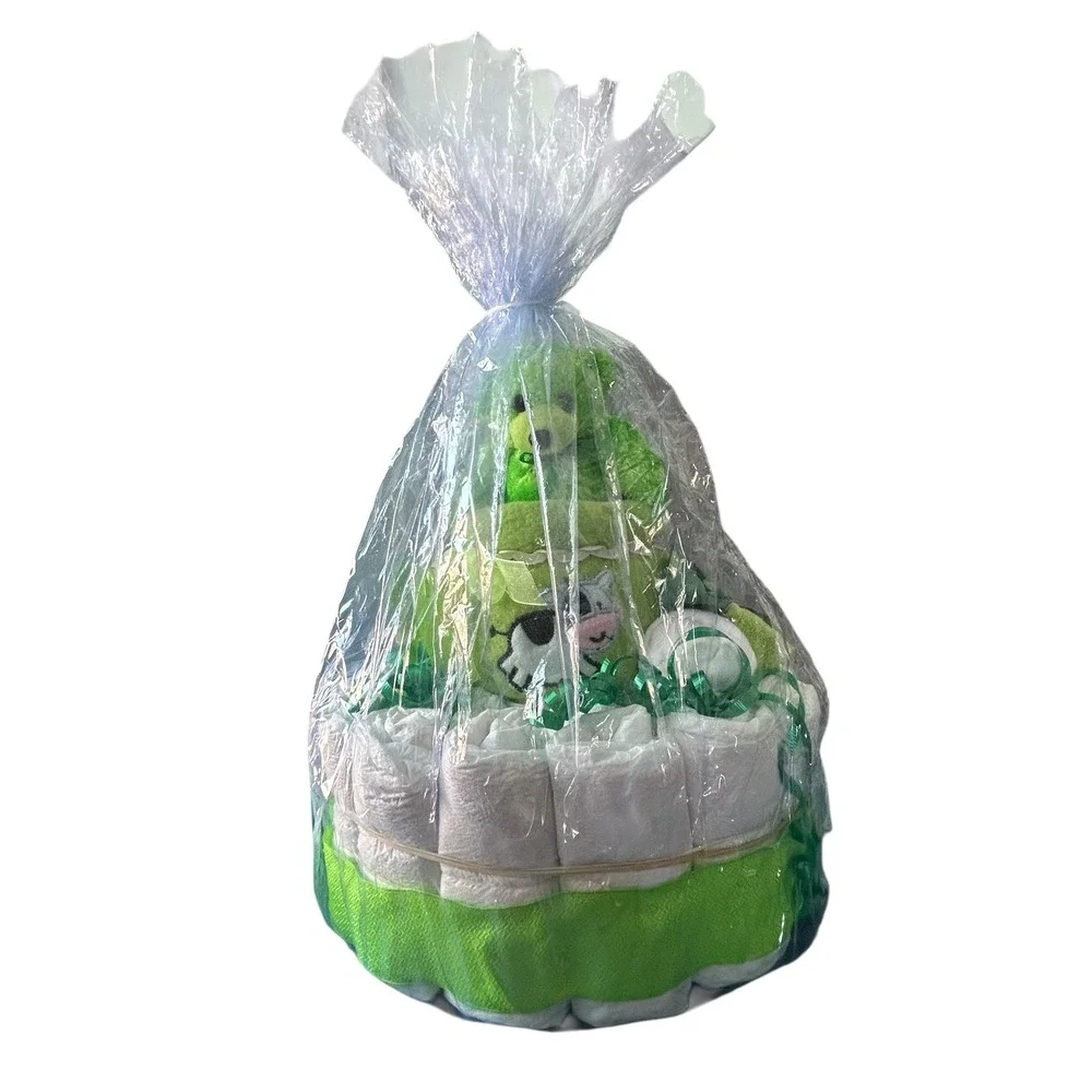 Green Diaper Cake Baby Shower Gift Teddy Bear Cow Blanket Baby Essentials NEW